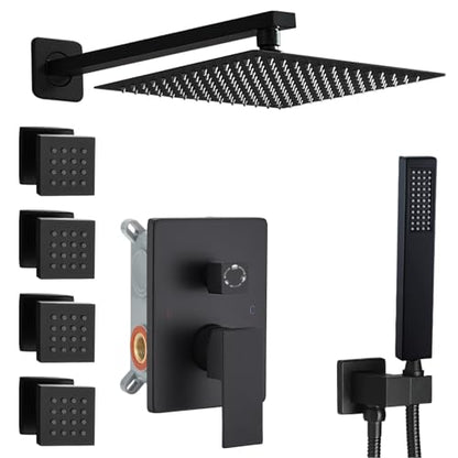 Matte Black Shower Faucet Set with Body Jets 10 Inch Matte Black Shower Head Handheld Shower Combo Set High Pressure Wall Mount with Rough-in Valve - color: Matte Black, style: 10"- 3 Function