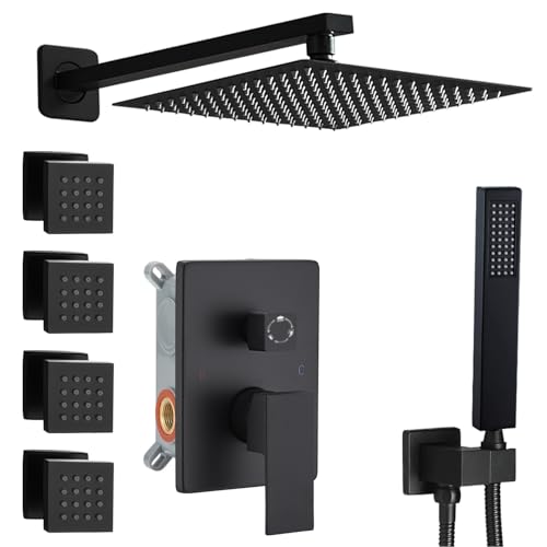 Matte Black Shower Faucet Set with Body Jets 10 Inch Matte Black Shower Head Handheld Shower Combo Set High Pressure Wall Mount with Rough-in Valve - color: Matte Black, style: 10"- 3 Function