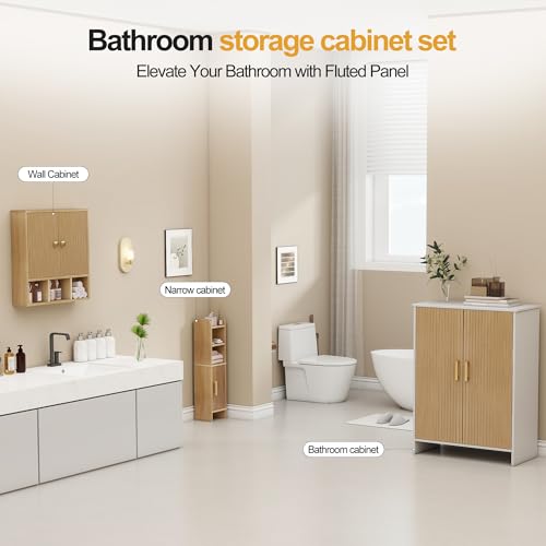 Bathroom Wall Cabinet,Wooden Medicine Cabinet with Fluted Doors Over The Toilet Storage Cabinet with Adjustable Shelf for Bathroom (Wood) - color: Wood Block