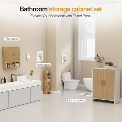 Bathroom Wall Cabinet,Wooden Medicine Cabinet with Fluted Doors Over The Toilet Storage Cabinet with Adjustable Shelf for Bathroom (Wood) - color: Wood Block