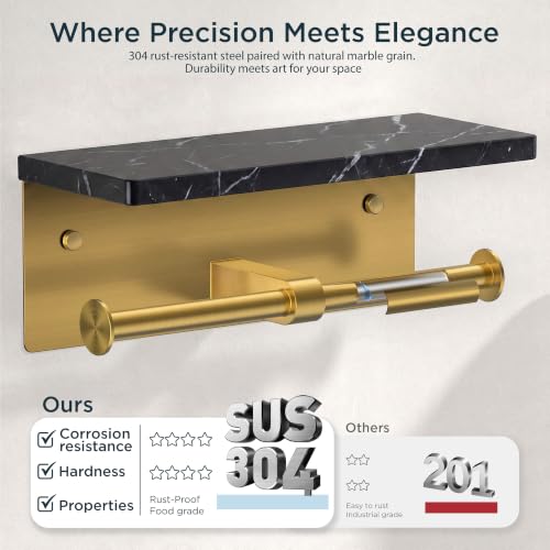 FORIOUS Toilet Paper Holder with Shelf, Commercial Toilet Paper Dispensers | Brushed Gold | Wall Mount Bathroom Tissue Holder | SUS304 Stainless Steel Rustproof | Double Tissue Roll Holder - color: Gold-marble