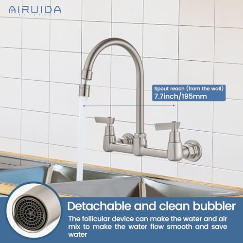 Airuida 8 Inch Brushed Nickel Wall Mount Kitchen Sink Faucet | 2 Handle Kitchen Faucet,without Adapter,360° Swivel Spout,Commercial Sink Faucet,for Laundry Utility - color: Brushed Nickel