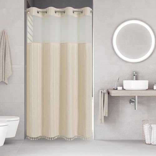 eachope No Hook Stall Shower Curtain with Snap-in Fabric Liner - 54x80 Heavy-Duty Linen Textured Striped Design,Narrow Rustic Modern Farmhouse Bohemian Bathroom Curtain,Water-Repellent,Cream/Beige | 230GSM Thick Fabric,Hotel Luxury Decor,Mesh Top Window,W