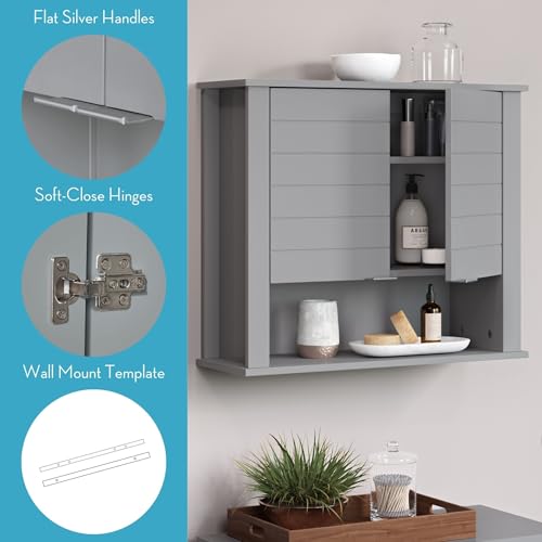 RiverRidge Madison Two-Door Over The Toilet Storage Cabinet Gray Wall Mounted Medicine Cabinet with Adjustable Shelves, Modern Flat Handles & Horizontal Grooved Aesthetic