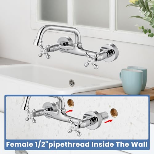Airuida 8 Inch Center Chrome Polish Wall Mount Kitchen Sink Faucet | Double Cross Handle,Adjustable Center,6 Inch(15cm) Spout - color: Chrome Polish