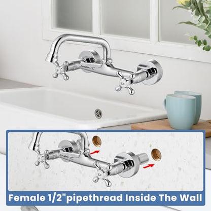 Airuida 8 Inch Center Chrome Polish Wall Mount Kitchen Sink Faucet | Double Cross Handle,Adjustable Center,6 Inch(15cm) Spout - color: Chrome Polish