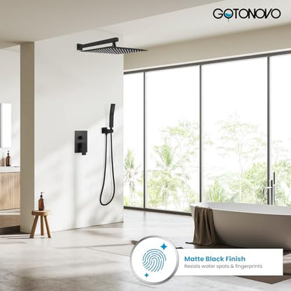 gotonovo Rainfall Bathroom Shower System Rain Shower Head and Handle Set Wall Mounted Shower Complete Combo Solid Brass Pressure Balancing Shower Mixer Valve 16 Inch Matte Black - color: Matte Black, size: 16 Inch