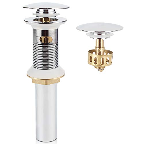 Bathroom Sink Pop Up Drain with Overflow, Strainer, Polished Chrome | Solid Brass with Detachable Basket Strainer; 7 in. Closed/7.5 in. Open; 1-1/2 in. Min Drain Opening; Push-button Stopper - color: Chrome, size: Big Popup Cap
