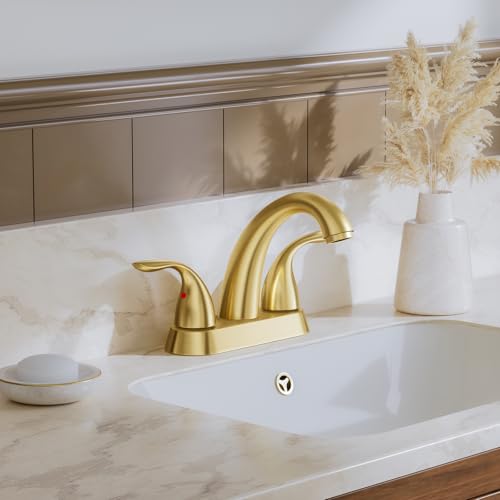 Brushed Gold 4 Inch Centerset 2 or 3 Holes 2 Handle Bathroom Faucet, Bathroom Faucet with Copper Pop Up Drain and Water Supply Lines, BF008-5-BG - color: Brushed Gold, style: 1 Pack