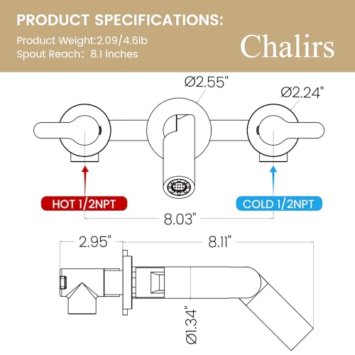 Wall Mount Bathroom Faucet Brushed Gold,Solid Brass Wall Mounted Sink Faucet,Widespread 3 Holes 2 Lever Handles Lavatory Vessel Sink Mixer Tap with Foldable Spout - color: Brushed Gold