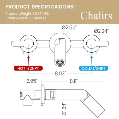 Wall Mount Bathroom Faucet Brushed Gold,Solid Brass Wall Mounted Sink Faucet,Widespread 3 Holes 2 Lever Handles Lavatory Vessel Sink Mixer Tap with Foldable Spout - color: Brushed Gold