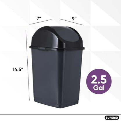 Superio Small 2.5 Gallon Plastic Trash Can with Swing Top Lid, Compact Slim Waste Bin for Under Desk, Office, Bedroom, Bathroom, Dorm Room, 10 Qt. Portable Garbage Can (Dark Grey, 2 Pack) - size: 2.5 Gallon, style: 2 Pack