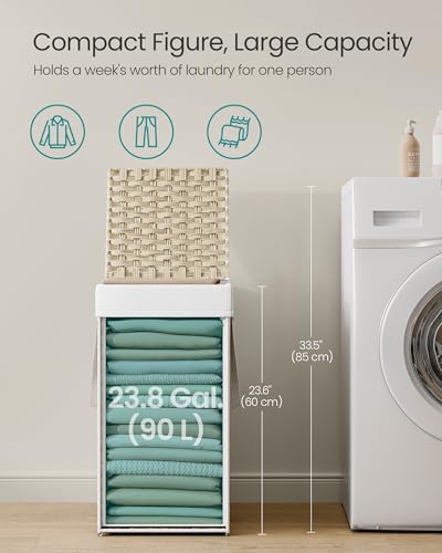 SONGMICS Laundry Hamper with Lid, 17.2 Gallon (65L) Synthetic Rattan Clothes Laundry Basket with Lid and Handles, Foldable, Removable Liner, Summer Sand ULCB165LZ01 - color: Summer Sand, size: 65 L