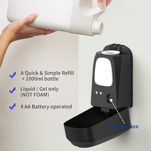 JETWELL Touchless Wall Mount Stainless Steel Soap Dispenser 34OZ/1000ML | Black Matte Cover, Large Capacity, Battery Powered, Liquid Soap, Commercial & Home Use - color: Black Matte Stainless Steel
