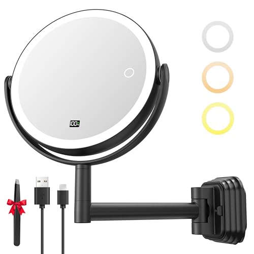 Auxmir 1X/30X Wall Mounted Makeup Mirror，No Drilling Magnifying Mirror | battery display, drill-free or screw mounting, 3-color dimmable light, 360°rotation, rechargeable 2000mAh, 2 adhesive bases - color: Matte Black 30x