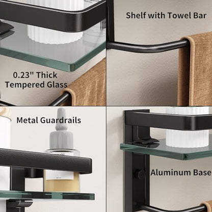 Bathroom Wall Shelf with Towel Bar, Clear Tempered Glass, Hand Towel Holder (Matte Black) - color: Black, size: Shelf with Towel Bar