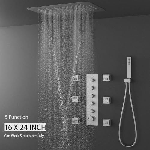 Brushed Nickel Shower Faucet System 16 X 24" 3 Functions Waterfall Mist Rainfall Ceiling Shower Head Thermostatic Full Body Shower Faucet Set Complete With Handheld And Shower Body Jet Spray - color: Brushed Nickel