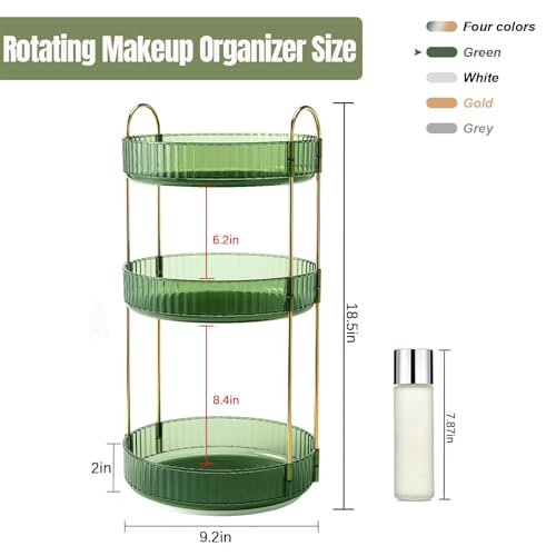 360 Rotating Makeup Organizer for Vanity, Bathroom Countertop Spinning Perfume Organizer, High-Capacity Cosmetic and Skincare Dresser Make Up Holder Rack (3 Tiers, Green)