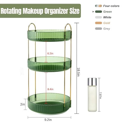 360 Rotating Makeup Organizer for Vanity, Bathroom Countertop Spinning Perfume Organizer, High-Capacity Cosmetic and Skincare Dresser Make Up Holder Rack (3 Tiers, Green)