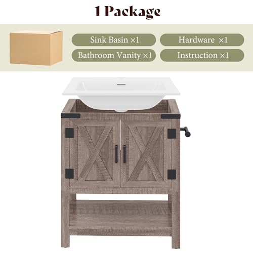 AMERLIFE 24" Gray Farmhouse Bathroom Vanity with Sink and Open Shelf | Light Gray, Single Solid White Integrated Top, Moisture-Resistant MDF, Barn Doors, Open Shelf, Paper Towel Holder - color: Light Gray, size: 24“