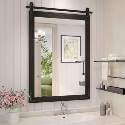 Farmhouse Bathroom Mirror, 24"x36" Black Rustic Bathroom Mirrors | HD glass, solid wooded framed, rectangle, explosion-proof, barn door style, anti-rust, for bathroom/bedroom/entryway - color: Black, size: 24"L x 36"W