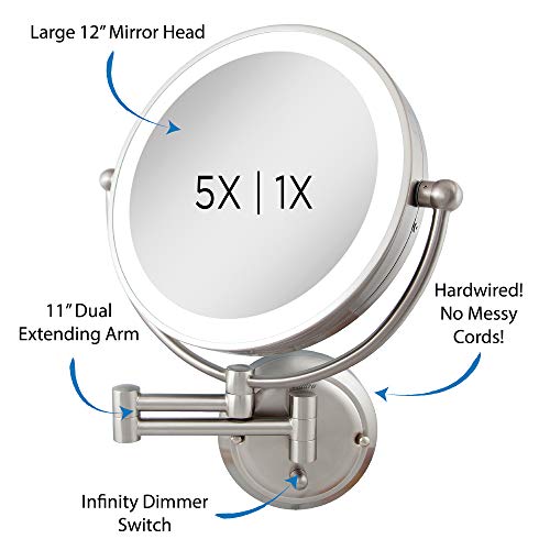 Zadro 14" Round Fluorescent 5X/1X Bathroom Magnifying Mirror Wall Mounted Makeup Mirror 20" Extendable Shaving Mirror