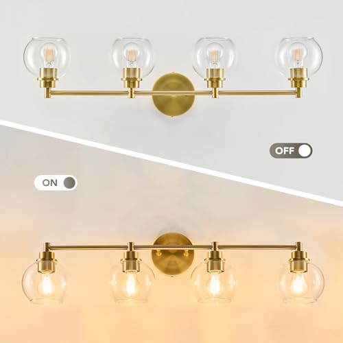 VONLUCE 4 Light Bathroom Vanity Light Fixtures, Gold Finish | Globe Glass Shades, E26 Sockets, Easy to install, Vanity Lights for Bedroom Hallway Living Room - color: Gold, size: 4-Light
