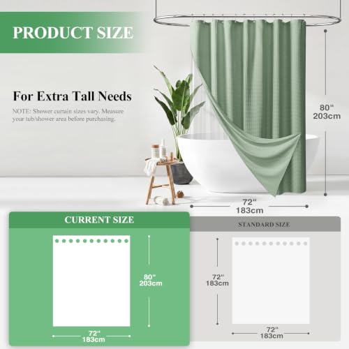 Long 3 in 1 Waffle Shower Curtain Set with Liner 72x80 Sage Green | 80 Inch Long, Waterproof Clear PEVA Liner, 256GSM Heavy Duty Fabric, Tall Hotel Luxury Shower Curtains for Bathroom, 12 Hooks - color: A Sage Green, size: 72"W x 80"L (Pack of 1)