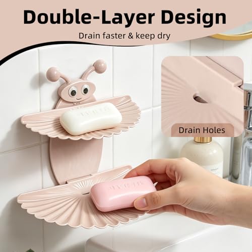 Double-Deck Soap Dish Holder for Shower, Bee Shape Wall Mounted Soap Holder with Strong Adhesive, Self Draining Soap Tray, No Drilling Bathroom Accessories, Nordic Pink - size: 7"×6.5"