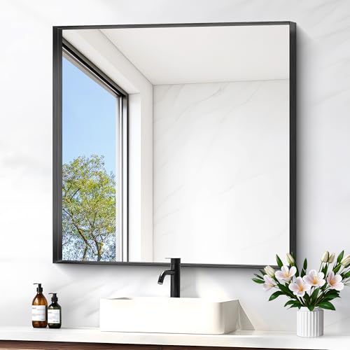 Black Bathroom Mirror, 30x30 Inch Rectangular Framed Mirror, Large Wall Mounted Bathroom Vanity Mirror Over Sink for Bedroom,Restroom, Living Room, Hangs Vertically or Horizontally - color: Black, size: 30"L x 30"W