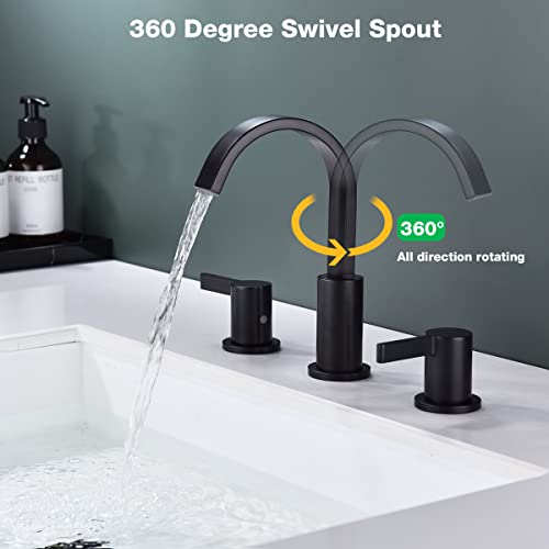TRUSTMI 3 Hole Matte Black Bathroom Faucet 8 Inch Widespread, Brass Lavatory Vanity Sink Faucet with Overflow Pop-Up Drain and cUPC Waterlines, 360 Degree Swivel Spout - color: Matte Black