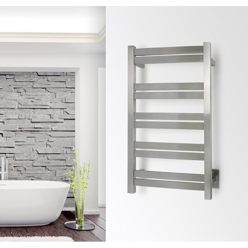 WarmlyYours Grande Heated Towel Rack, 10 Bars, Brushed Stainless Steel | Wall-mounted electric towel warmer rack and dryer, 120V hardwired, flat heated bars for towels and bathrobes - color: Brushed Stainless Steel, size: 10 Bars