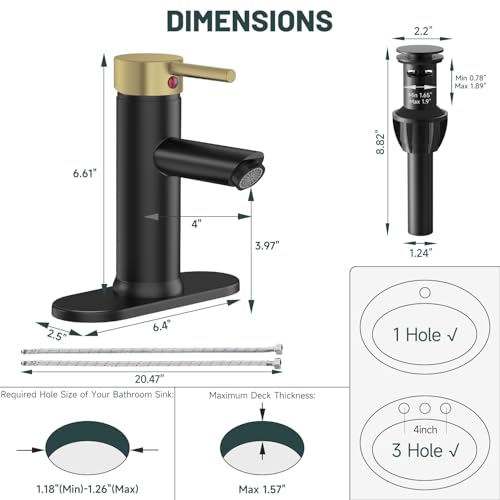 Bathroom Faucet for 1 or 3 Holes, Black and Gold, Brass | Single Handle Bathroom Sink Faucets, Modern Commercial Lavatory Vanity Faucet,with Deck Plate and Supply Line, Pop Up Drain - color: Black & Gold