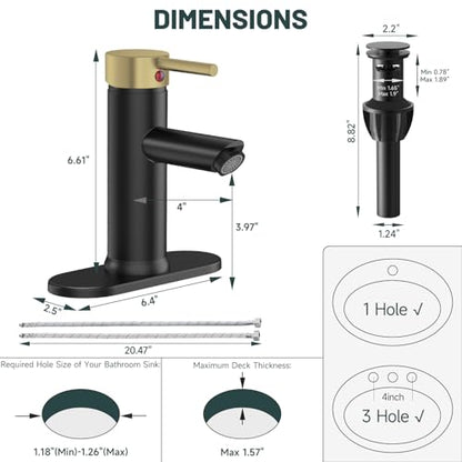 Bathroom Faucet for 1 or 3 Holes, Black and Gold, Brass | Single Handle Bathroom Sink Faucets, Modern Commercial Lavatory Vanity Faucet,with Deck Plate and Supply Line, Pop Up Drain - color: Black & Gold