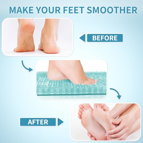 Yolife Shower Foot Scrubber Mat, Anti-Slip Bath Mat with Scrub Bristles, Soft Shower Foot Massager with Strong Suction Cups for Soothe Achy Feet, 25.6" x 13.4" - color: Light Blue, size: 25.6" x 13.4" (Rectangular)
