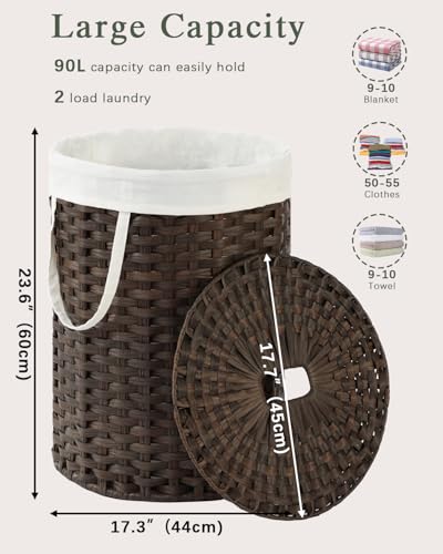 SETVSON Laundry Hamper with Lid 23.8 Gal (90 L) PE Rattan, Brown | Family Clothes & Blanket Trunk with Lid, Removable Liner Bag with Handles, 2 Mesh Wash Bags, Collapsible Steel Frame - color: Brown, size: 90 L