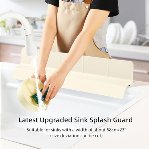 23" Ultra Silicone High Sink Splash Guard, Beige | Released in 2026, Self-Draining Water Splash Guard, for Kitchen Sink&Bathroom&Island, 3.5" Splash Guard, 7 Strong Suction Cup - color: Beige