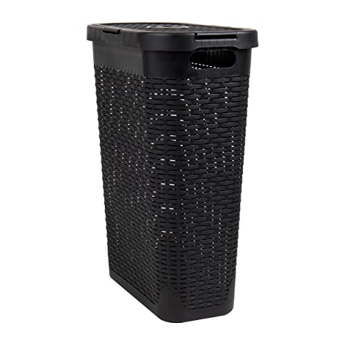 Mind Reader Slim Laundry Hamper with Lid, 40L Clothes Basket, Narrow Tapered Design with Ventilated Cutout Pattern, Plastic, Black - color: Black, size: Single