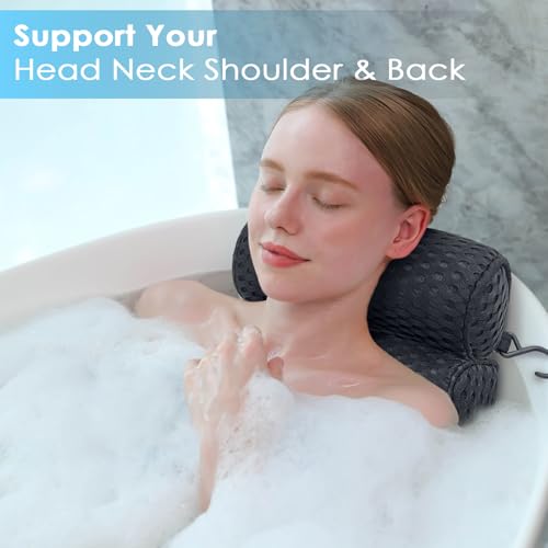 AEROiVi Luxury Bath Pillows for Tub Soft Mesh Strong 6 Suction Cups Black | Bath Pillow with laundry bag head and neck support Relaxing Bath Washable Quick-Dry Bath Accessories Spa Gifts - color: Black