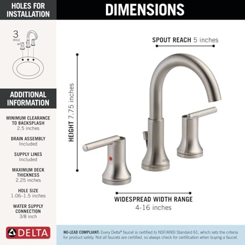 Delta Trinsic Brushed Nickel Bathroom Faucet 3 Hole, 8 Inch Widespread Bathroom Sink Faucet for Vanity, Metal Push-Pop Drain Assembly, Stainless 3559-SSMPU-DST - color: Stainless