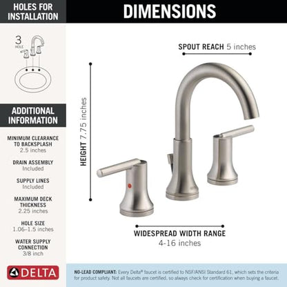 Delta Trinsic Brushed Nickel Bathroom Faucet 3 Hole, 8 Inch Widespread Bathroom Sink Faucet for Vanity, Metal Push-Pop Drain Assembly, Stainless 3559-SSMPU-DST - color: Stainless