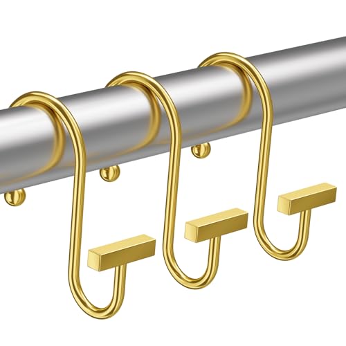 Muted Gold Shower Curtain Hooks, Bathway Shower Curtain Rings Rust Proof, 12PCS Shower Hooks for Shower Curtain, T-Bar Design Convenient Elegant Shower Curtain Hangers for Bathroom Kitchen Wardrobe - color: Muted Gold