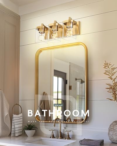 3-Light Brushed Gold Bathroom Vanity Light, Square Clear Glass Shade | 16.5" modern bathroom light fixtures over mirror, E26 base, bulbs not included, VL194-BG-3 - color: Gold, Square Glass Shade, size: 3-light