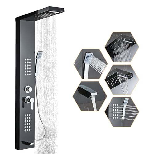 5-in-1 Shower Panel Tower System - Brushed Black | 304 stainless steel Shower Panel Tower Column with Powerful Body Jets, Rainfall, Waterfall,Handheld and Tub Spout - color: Brushed Black, style: LSH-8001