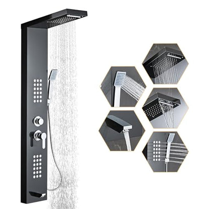 5-in-1 Shower Panel Tower System - Brushed Black | 304 stainless steel Shower Panel Tower Column with Powerful Body Jets, Rainfall, Waterfall,Handheld and Tub Spout - color: Brushed Black, style: LSH-8001