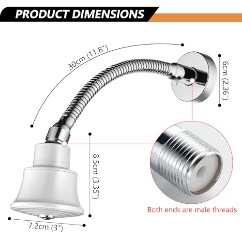 High Pressure Shower Head with Adjustable Shower Arm, Chrome 11.8 Inches Flexible Shower Head for Small Shower Stall High Pressure Shower Head Extension Arm with Flange