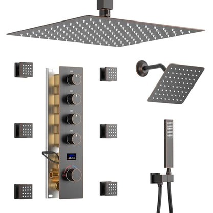Oil Rubbed Bronze Shower System Temperature Display Shower Set | 12 inch and 8 inch Full Body Shower Head, with 6 PCS Body Jet and Handheld Spray - color: Oil Rubbed Bronze, size: 12+8 inch