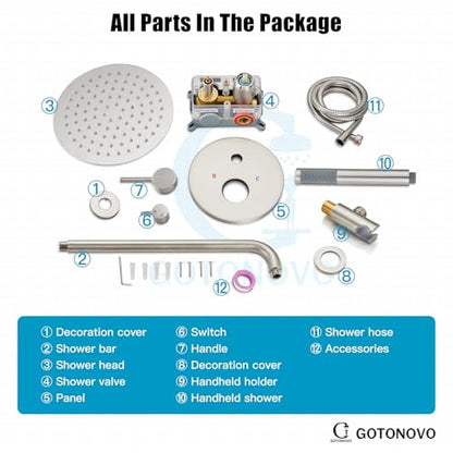 gotonovo Shower Faucet Set with Rough-in Valve Trim Kit,Brushed Nickel | 10 Inch Round Rain Showerhead with Handheld Spray,Bathroom Wall Mount Shower System Complete Combo,2-in-1 Diverter,All Metal - color: Nickel