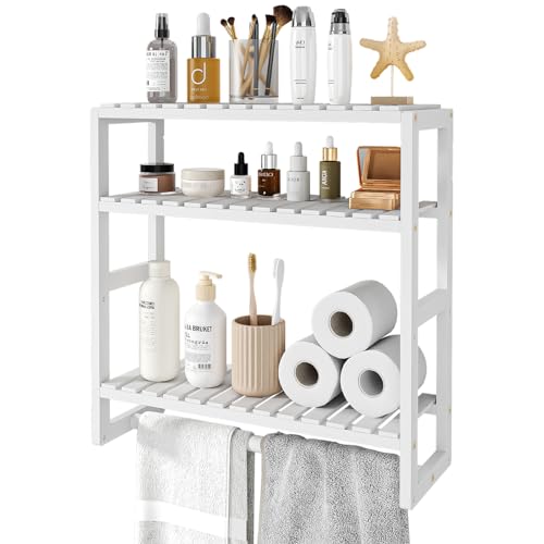 Galood Over The Toilet Storage Bathroom Shelves Wall Mounted 3 Tier White | Space Saver Corner Shelf Organizer Bamboo Towel Rack Toilet Paper Cabinet with Hanging Rod - color: White 1pack, size: Standard