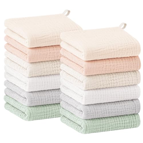 Bearmoss 12 Pack Baby Muslin Washcloths, 100% Cotton 10"x10" Face Towels | Soft Absorbent Bath Wash Cloths and Burp Cloths for Newborn Infants Kids Girls & Boys - color: Multicolored